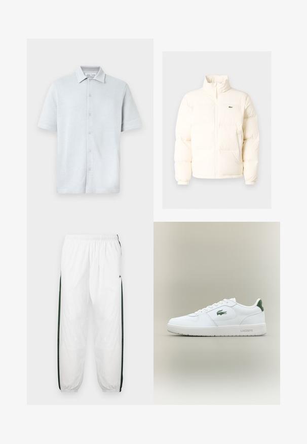 Biela puffrová bunda s vysokým golierom, predným zipsom, elastickými manžetami a malým zeleným logom na ľavom prsníku.; Košeľa s krátkym rukávom a golierom v svetlomodrej farbe, zo struktúrovanej látky s diamantovým vzorom, so zapínaním na gombíky vpredu a rovný lem.; Biele športové nohavice s tmavozelenými bočnými panelmi. Ľahký materiál, elastický pás a sťahované lemy. Obsahujú sieťovinovú textúru na bočných paneloch.; Biele kožené tenisky s hladkým povrchom, zelenými akcentami na päte a zeleným logom na boku. Majú plochú podrážku a okrúly špičku.