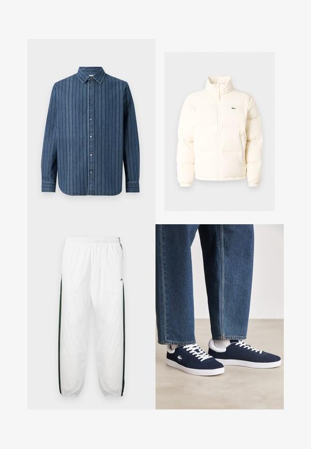 Fehér pufferezett dzseki magas gallérral, elülső zipzárral, rugalmas mandzsettákkal és egy kis zöld logóval a bal mellen.; Samsøe Samsøe SADAMON SHIRT - Ing - denim; Fehér sportnadrág sötétzöld oldalpanelekkel. Könnyű anyagból készült, rugalmas derékkal és gumis szegéllyel. Az oldalpaneleken hálós textúra található.; Kék vászon sportcipők fehér fűzőkkel és gumis talppal, farmernadrággal és szürke bordás zoknikkal együtt bemutatva, világosszürke felületen.