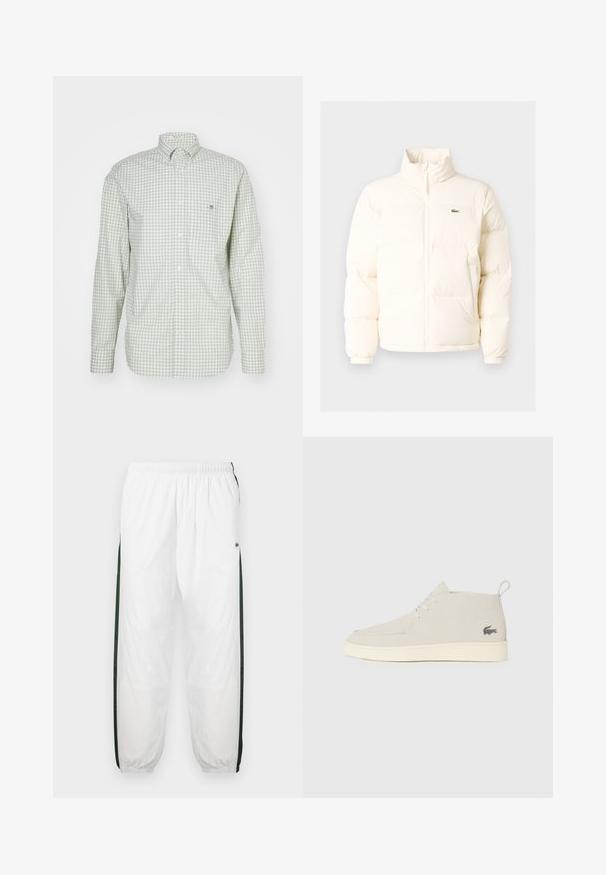 Bela puffer jakna z visokim ovratnikom, ki ima sprednji zadrgo, elastične manšete in majhen zeleni logotip na levem prsnem delu.; Zelena in bela karo s dolgimi rokavi, srajca z gumbi, ki ima majhen vezen logotip na žepu ter ovratnik z gumbi.; Bela tekaška hlače s temno zelenimi stranskimi ploščami. Lahka material, elastični pas in prikrajšani robovi. Imajo mrežasto teksturo na stranskih ploščah.; Svetlo sivi antilop čizmi do članaka s okruglim vrhom, belim gumenenim đonom i suptilnim logotipom sa strane. Ima vezivanje.