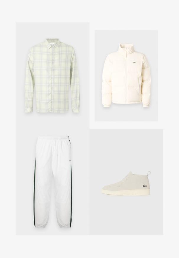 Valkoinen puhallettava takki, jossa on korkea kaulus, etuvetoketju, joustavat hihansuut ja pieni vihreä logo vasemmassa rinnassa.; Vaaleankeltainen ruudullinen pitkähiha-paitapusero, jossa on kaulus ja nappikiinnitys, esitettynä tasaisena valkoista taustaa vasten.; Valkoiset urheiluhousut tummanvihreillä sivupaneeleilla. Kevyt materiaali, joustava vyötärö ja resorit. Sivupaneeleissa on verkkotyyppinen tekstuuri.; Vaaleanharmaat mokkanahkakengät nilkkapituisina, joissa on pyöreä kärki, valkoinen kumipohja ja hillitty logotyyli sivussa. Varustettu nauhakiinnityksellä.