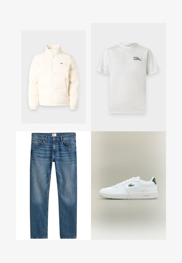 Bijela puf jakna s visokim ovratnikom, koja ima prednji patentni zatvarač, elastične rukave i mali zeleni logo na lijevoj strani prsiju.; Bijela pamučna majica s okruglim izrezom, kratkim rukavima i malim izvezenim logotipom koji prikazuje planine i tekst na lijevoj strani grudi.; Plave traperice ravnog kroja, s pet džepova, zatvaranjem na dugme i blagim iznošenjem po tkanini za dodatnu teksturu.; Bijele kožne tenisice s glatkom površinom, zelenim naglascima na peti i zelenim logotipom sa strane. Imaju ravni potplat i okrugli vrh.