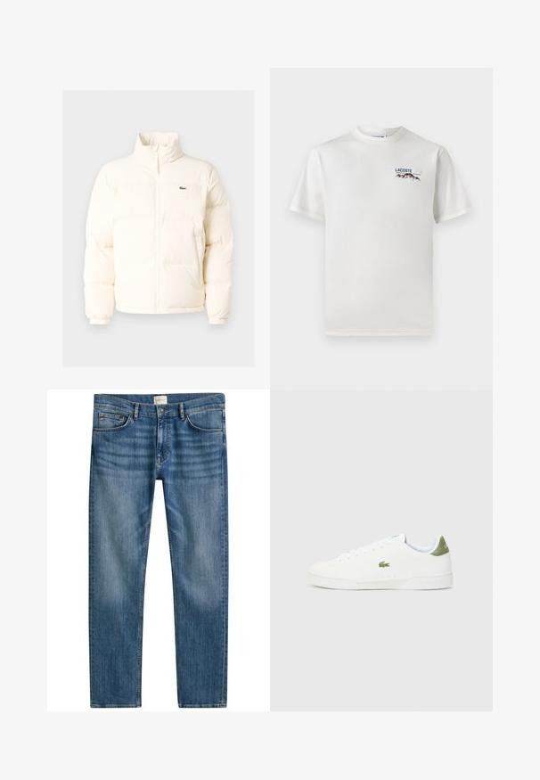 Doudoune blanche avec un col haut, dotée d'une fermeture éclair sur le devant, de poignets élastiques et d'un petit logo vert sur la poitrine gauche.; T-shirt en coton blanc avec un col rond, des manches courtes et un petit logo brodé représentant des montagnes et un texte sur le côté gauche de la poitrine.; Jeans en denim bleu à coupe droite, featuring cinq poches, une fermeture à bouton et un léger dégradé sur le tissu pour ajouter de la texture.; Baskets blanches avec une texture lisse, présentant un accent vert au talon et un petit logo de crocodile brodé sur le côté.