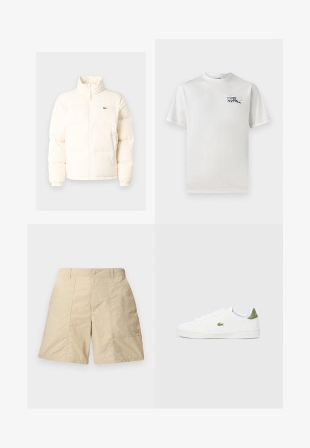 White puffer jacket with a high collar, featuring a front zipper, elastic cuffs, and a small green logo on the left chest.; White cotton T-shirt with a round neckline, short sleeves, and a small embroidered logo featuring mountains and text on the left chest.; Beige shorts with a textured finish, featuring a front button closure, two side pockets, and a small logo on the lower right side.; White sneakers with a smooth texture, featuring a green accent at the heel and a small embroidered crocodile logo on the side.