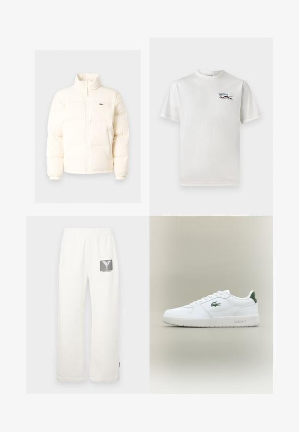 Witte pufferjack met een hoge kraag, voorzien van een ritssluiting aan de voorkant, elastische boorden en een klein groen logo op de linkerborst.; Witte katoenen T-shirt met een ronde hals, korte mouwen en een klein geborduurd logo met bergen en tekst op de linkerborst.; Witte katoenen sweatpants met een elastische tailleband, met een grafische logopatch in zwart en grijs aan de linkerkant.; Witte leren sneaker met een gladde afwerking, groene accenten op de hak en een groen logo aan de zijkant. Beschikt over een platte zool en een ronde neus.
