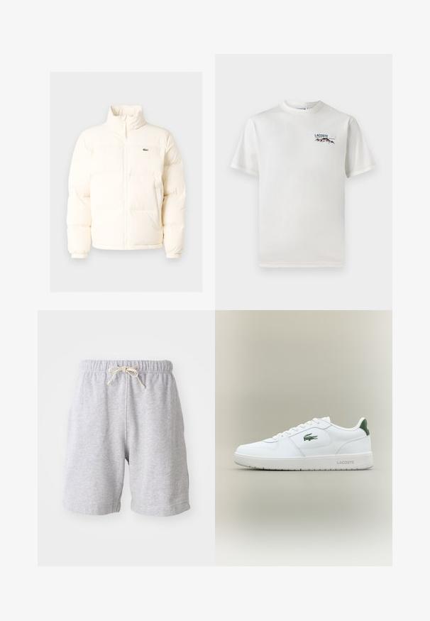 Fehér pufferezett dzseki magas gallérral, elülső zipzárral, rugalmas mandzsettákkal és egy kis zöld logóval a bal mellen.; Fehér pamut póló kerek nyakkivágással, rövid ujjal és egy kis gépi hímzésű logóval, amely hegyeket és szöveget ábrázol a bal mellen.; Szürke pamut rövidnadrág rugalmas derékkal és húzózsinórral. Térd közepéig érő hosszúság, oldalsó varrásokkal és puha tapintással. Nincsenek zsebek vagy látható minták.; Fehér bőr sneaker sima felülettel, zöld akcentussal a saroknál, és zöld logóval az oldalon. Lapos talpa és kerek orra van.