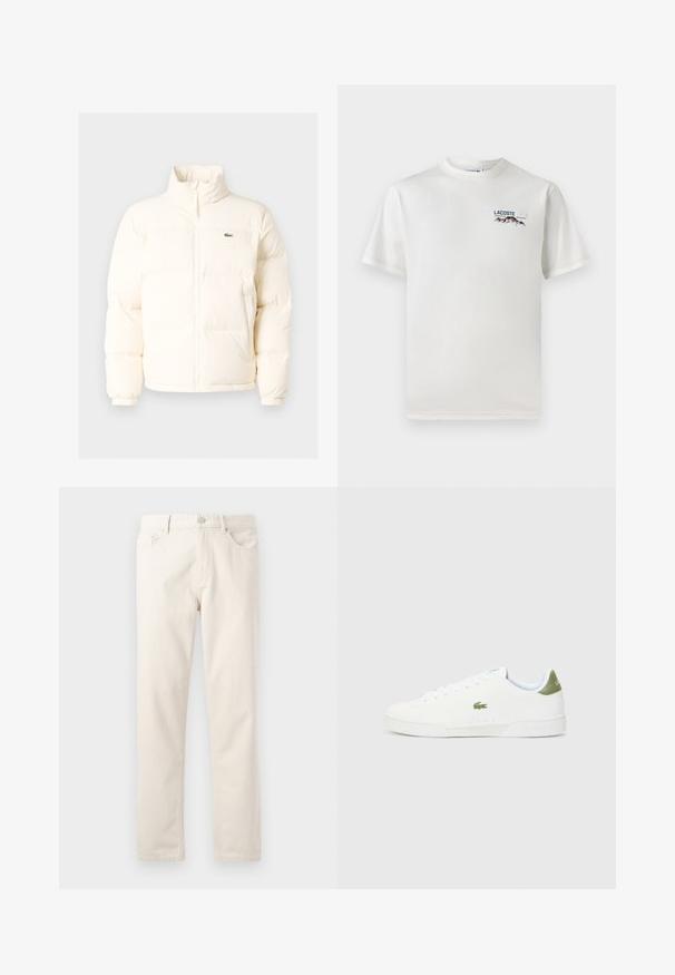 Casaco de puffer branco com colarinho alto, apresentando um fecho frontal com zíper, punhos elásticos e um pequeno logótipo verde no lado esquerdo do peito.; T-shirt de algodão branco com decote redondo, mangas curtas e um pequeno logótipo bordado apresentando montanhas e texto no lado esquerdo do peito.; Calças de algodão bege com um design de perna reta, cinco bolsos, fecho de zíper e fecho de botão metálico. Textura suave, sem padrões ou acentos.; Tênis brancos com uma textura suave, apresentando um detalhe verde no calcanhar e um pequeno logotipo de crocodilo bordado na lateral.