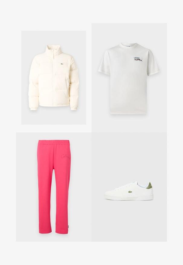 Biała kurtka puchowa z wysokim kołnierzem, z zamkiem błyskawicznym z przodu, elastycznymi mankietami i małym zielonym logo po lewej stronie klatki piersiowej.; Biała koszulka bawełniana z okrągłym dekoltem, krótkimi rękawami i małym haftowanym logo przedstawiającym góry oraz tekst po lewej stronie klatki piersiowej.; Różowe bawełniane spodnie dresowe z elastycznym pasem i haftowanym logo z przodu. Posiadają prosty krój nogawek.; Białe sneakersy o gładkiej fakturze, z zielonym akcentem na pięcie i małym wyhaftowanym logo krokodyla z boku.