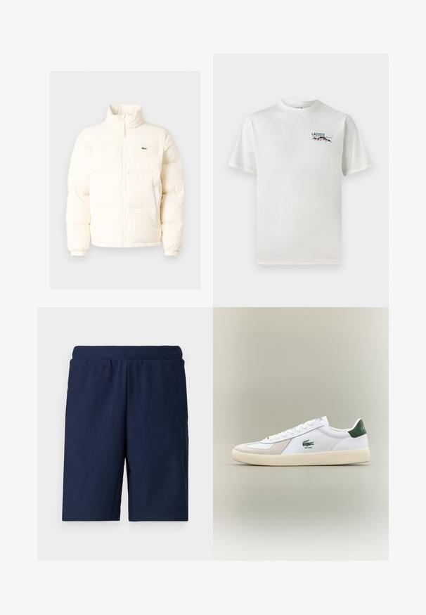 Bela puffer jakna z visokim ovratnikom, ki ima sprednji zadrgo, elastične manšete in majhen zeleni logotip na levem prsnem delu.; Bela bombažna majica s krožnim ovratnikom, kratkimi rokavi in majhnim izvezenim logotipom, ki vsebuje gore in besedilo na levi prsni strani.; Temno modri atletski šortsi z vrstičasto teksturo, elastičnim pasom in ravnim krojem, zasnovani za udobje in svobodo gibanja.; Bela tenisa z zelenimi dodatki, iz semiša in usnja, okrogla konica, teksturiran podplat ter izšit logotip na strani in jeziku.