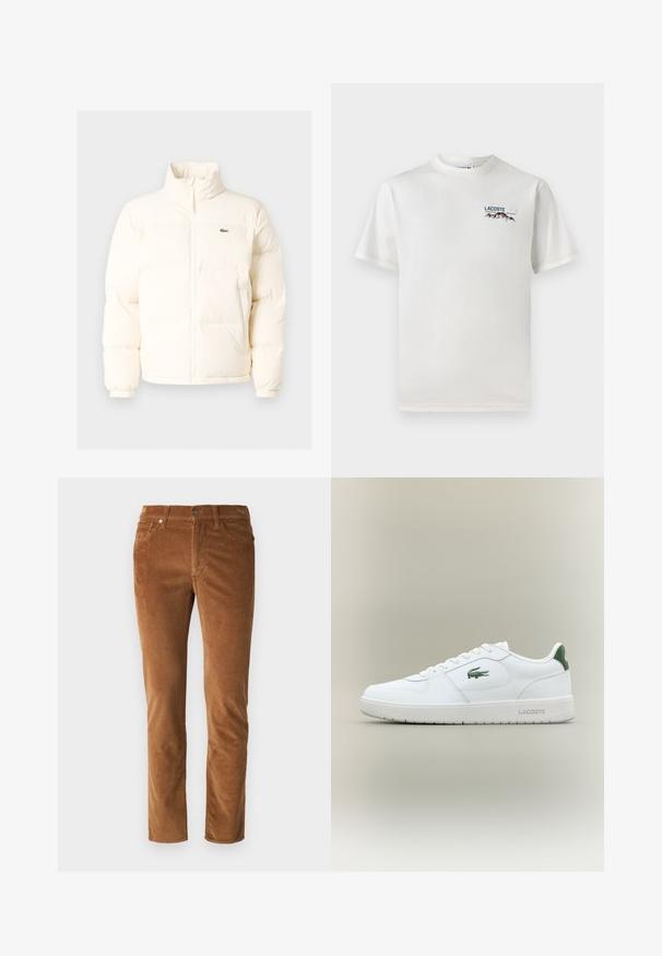 Fehér pufferezett dzseki magas gallérral, elülső zipzárral, rugalmas mandzsettákkal és egy kis zöld logóval a bal mellen.; Fehér pamut póló kerek nyakkivágással, rövid ujjal és egy kis gépi hímzésű logóval, amely hegyeket és szöveget ábrázol a bal mellen.; Barna kordbársony nadrág egyenes szabással, cipzáras nyitással, gombos záródással és két elülső zsebből áll. Texturált anyag, függőleges bordákkal.; Fehér bőr sneaker sima felülettel, zöld akcentussal a saroknál, és zöld logóval az oldalon. Lapos talpa és kerek orra van.