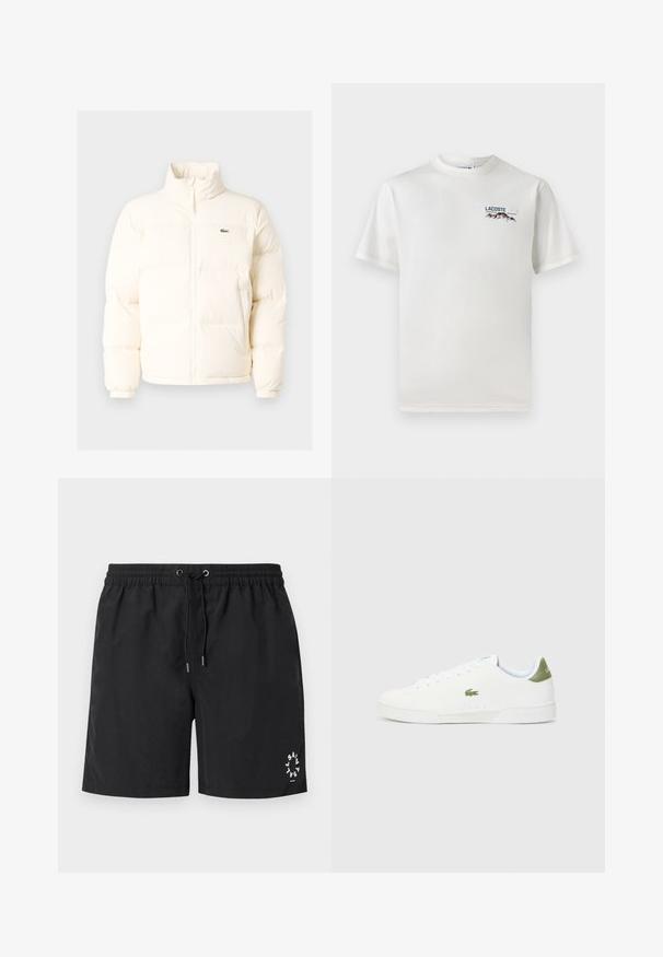 Casaco de puffer branco com colarinho alto, apresentando um fecho frontal com zíper, punhos elásticos e um pequeno logótipo verde no lado esquerdo do peito.; T-shirt de algodão branco com decote redondo, mangas curtas e um pequeno logótipo bordado apresentando montanhas e texto no lado esquerdo do peito.; Calções de banho pretos feitos de tecido leve. Cintura elástica com cordão ajustável e extremidades com ponta prateada. Logótipo impresso em branco no canto inferior esquerdo.; Tênis brancos com uma textura suave, apresentando um detalhe verde no calcanhar e um pequeno logotipo de crocodilo bordado na lateral.