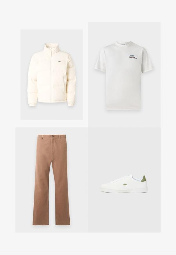 Balts pūkains jaka ar augstu apkakli, priekšā ar rāvējslēdzēju, elastīgām piedurknēm un mazu zaļu logo kreisajā krūtī.; Balts kokvilnas T-krekls ar apaļu kakla izgriezumu, īsām piedurknēm un mazu izšūtu logo ar kalniem un tekstu kreisajā krūtīs.; Brūni, taisnās kājas bikses, kas izgatavotas no kokvilnas. Iekļauj pogu aizdari, priekšējās kabatas un redzamus šuvju šuvumus.; Baltas sporta apavi ar gludu virsmu, ar zaļu akcentu uz papēža un mazu izšūtu krokodila logo sānos.