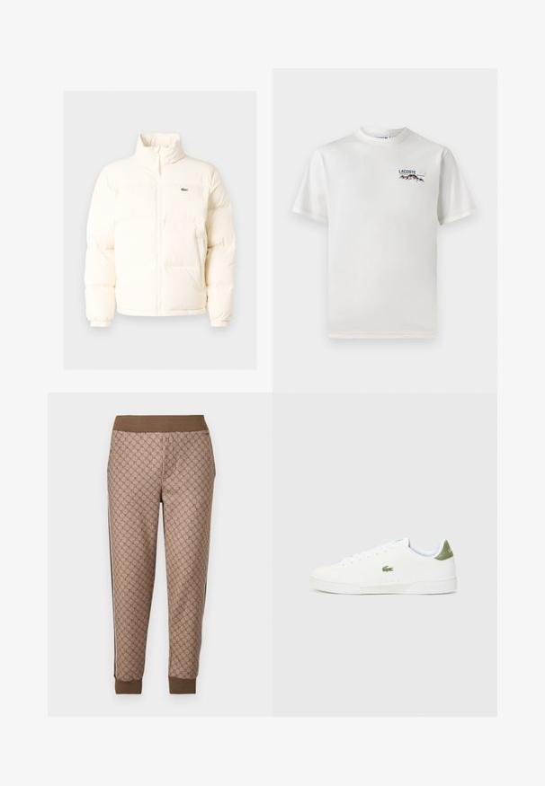 Witte pufferjack met een hoge kraag, voorzien van een ritssluiting aan de voorkant, elastische boorden en een klein groen logo op de linkerborst.; Witte katoenen T-shirt met een ronde hals, korte mouwen en een klein geborduurd logo met bergen en tekst op de linkerborst.; Bruine joggers met patroon en een elastische tailleband, voorzien van een herhalend logo motief, zijstrepen en ribgebreide boorden voor een goede pasvorm.; Witte sneakers met een gladde textuur, voorzien van een groene accent bij de hiel en een klein geborduurd krokodillenlogo aan de zijkant.