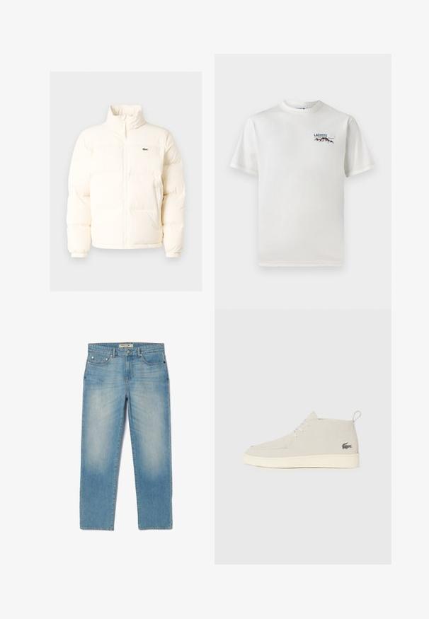 Bijela puf jakna s visokim ovratnikom, koja ima prednji patentni zatvarač, elastične rukave i mali zeleni logo na lijevoj strani prsiju.; Bijela pamučna majica s okruglim izrezom, kratkim rukavima i malim izvezenim logotipom koji prikazuje planine i tekst na lijevoj strani grudi.; Svijetloplavi traperice s ravnim nogavicama, pet džepova i malo izblijedjelim pranjem. Imaju srebrne metalne dijelove i oznaku na pojasu s brendom.; Svijetlosivi antilop čizme do gležnja s okruglim vrhom, bijelim gumenim potplatom i suptilnim logotipom sa strane. Imaju vezivanje.