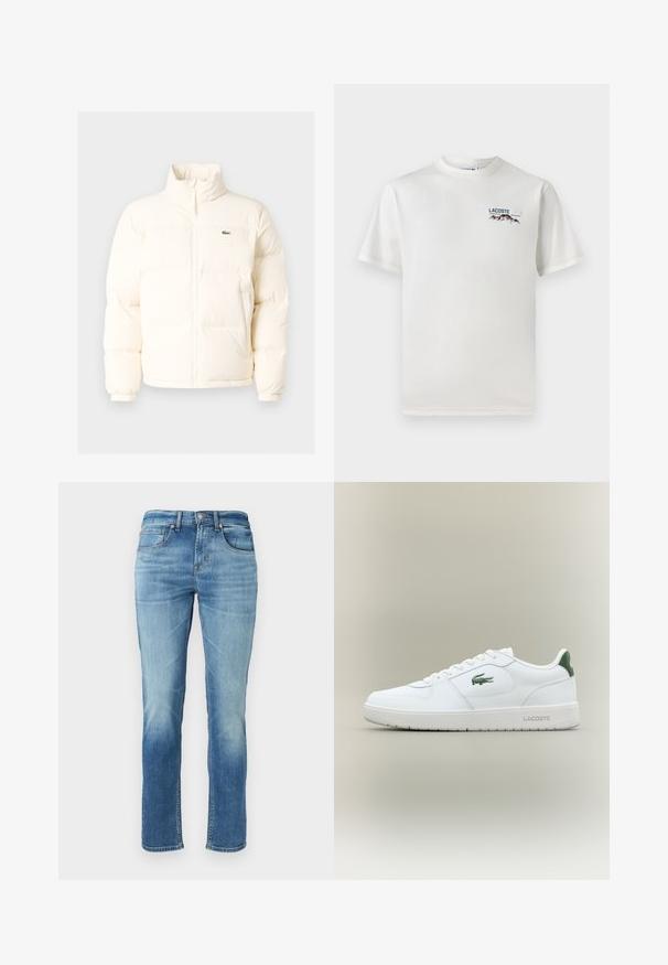 Balta pūkinė striukė su aukštu kaklu, turinti priekinį užtrauktuką, elastines rankogalius ir mažą žalią logotipą kairėje krūtinės pusėje.; Baltas medvilninis marškinėliai su apykakle, trumpomis rankovėmis ir mažas siuvinėtas logotipas, vaizduojantis kalnus ir tekstą ant kairiojo krūtinės.; Šviesiai mėlynos džinsinės kelnes su tiesiomis kojomis, penkiais kišenėmis, lengvu išblukimu ant šlaunų ir klasikiniu mygtuko užsegimu ties liemeniu.; Balti odiniai sportbačiai su lygiu paviršiumi, žaliais akcentais ant kulno ir žalia logotipu šone. Siūlo plokščią pado struktūrą ir apvalią nosį.