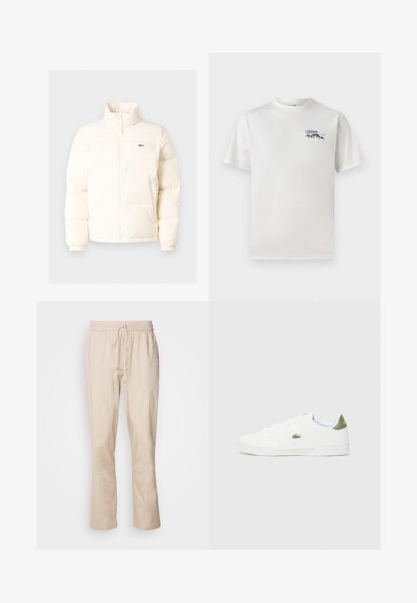 Valkoinen puhallettava takki, jossa on korkea kaulus, etuvetoketju, joustavat hihansuut ja pieni vihreä logo vasemmassa rinnassa.; Valkoinen puuvillainen T-paita, jossa on pyöreä pääntie, lyhyet hihat ja pieni brodeerattu logo, jossa on vuoria ja teksti vasemmalla rintapielessä.; Harmaat housut rentoa leikkausta, elastisella vyötärönauhalla ja nauhalla. Sileä pinta, hieman kapenevat lahkeet, eikä näkyviä kuvioita tai varusteita.; Valkoiset tennarit, joissa on sileä pinta, vihreä yksityiskohta kantapäässä ja pieni brodeerattu krokotiililogo sivussa.