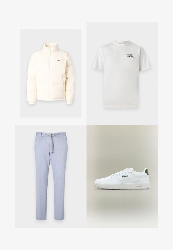 Biała kurtka puchowa z wysokim kołnierzem, z zamkiem błyskawicznym z przodu, elastycznymi mankietami i małym zielonym logo po lewej stronie klatki piersiowej.; Biała koszulka bawełniana z okrągłym dekoltem, krótkimi rękawami i małym haftowanym logo przedstawiającym góry oraz tekst po lewej stronie klatki piersiowej.; Jasnoniebieskie spodnie casualowe, wykonane z miękkiego materiału, z elastycznym sznurkiem w pasie, ozdobnym guzikiem oraz zwężanym krojem nogawki o gładkiej fakturze.; Białe skórzane trampki o gładkim wykończeniu, z zielonymi akcentami na pięcie i zielonym logo z boku. Posiadają płaską podeszwę i okrągły czubek.