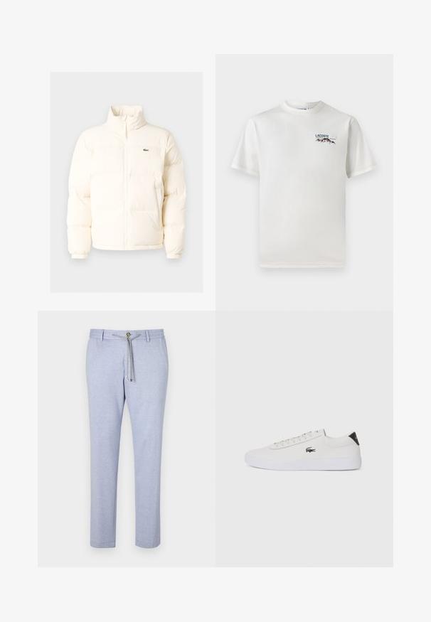 Biela puffrová bunda s vysokým golierom, predným zipsom, elastickými manžetami a malým zeleným logom na ľavom prsníku.; Biela bavlnená tričko s okrúhlym výstrihom, krátkymi rukávmi a malou vyšívanou nášivkou s motívom hôr a textom na ľavej hrudi.; Svetlomodré voľné nohavice vyrobené z jemnej tkaniny, sťahovacie šnúrky, dekoratívny gombík a zoštíhlený strih s hladkou textúrou.; Biele kožené tenisky s okrúhlou špičkou, šnurovaním vpredu a čiernym akcentom na päte. Obsahujú malé vyšívané logo krokodíla na boku.