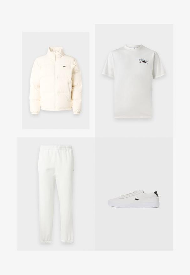 Chaqueta acolchada blanca con un alto cuello, que presenta una cremallera frontal, puños elásticos y un pequeño logotipo verde en el lado izquierdo del pecho.; Camiseta de algodón blanca con cuello redondo, mangas cortas y un pequeño logotipo bordado que presenta montañas y texto en el lado izquierdo del pecho.; Pantalones de chándal blancos de algodón con cintura elástica y piernas ajustadas. Presenta un pequeño detalle de logo en el lateral. Textura suave, diseño minimalista.; Zapatilla de cuero blanca con punta redonda, parte frontal con cordones y acento negro en el talón. Presenta un pequeño logo de cocodrilo bordado en el lateral.