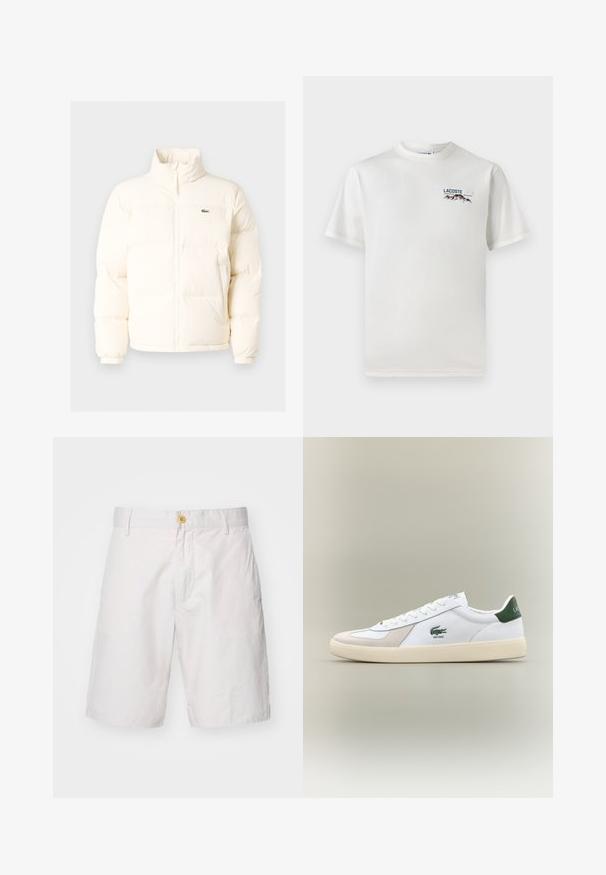 Weiße Daunenjacke mit hohem Kragen, ausgestattet mit einem Frontreißverschluss, elastischen Bündchen und einem kleinen grünen Logo auf der linken Brust.; Weißes Baumwoll-T-Shirt mit rundem Halsausschnitt, kurzen Ärmeln und kleinem gesticktem Logo mit Bergen und Text auf der linken Brust.; Herren-Shorts in Weiß aus leichtem Stoff. Mit Knopfverschluss, zwei seitlichen Taschen und einem lässigen Schnitt mit gerader Passform.; Weiße Sneakers mit grünen Akzenten, aus Wildleder und Leder, runde Zehenpartie, strukturiertes Profil und gesticktes Logo an der Seite und auf der Zunge.
