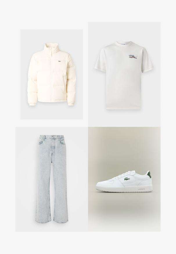 Vit puffjacka med hög krage, som har en framdragkedja, elastiska muddar och en liten grön logotyp på vänster bröst.; Vit bomullströja med rund halsringning, korta ärmar och en liten broderad logotyp med berg och text på vänster bröst.; Ljusblå denim byxor med vida ben och hög midja, med knappstängning, fem fickor och en subtil blekt struktur.; Vita lädersneaker med en slät yta, gröna detaljer på hälen och en grön logotyp på sidan. Har en platt sula och rund tå.