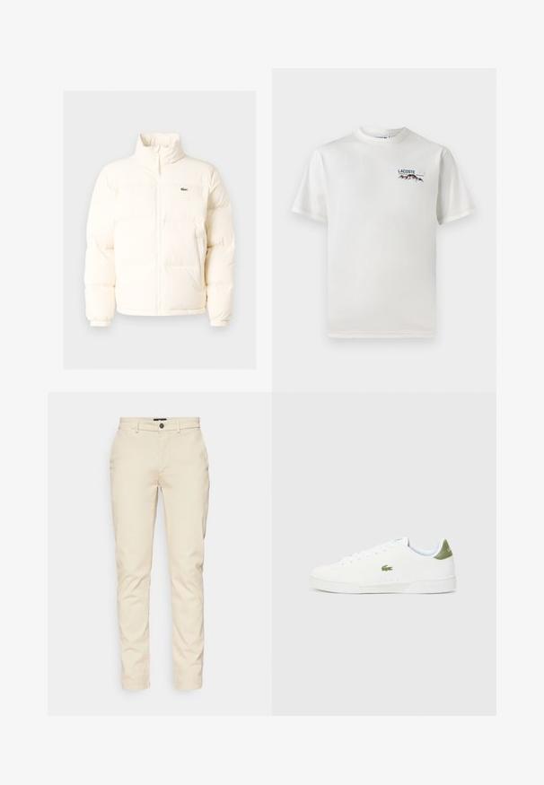 Doudoune blanche avec un col haut, dotée d'une fermeture éclair sur le devant, de poignets élastiques et d'un petit logo vert sur la poitrine gauche.; T-shirt en coton blanc avec un col rond, des manches courtes et un petit logo brodé représentant des montagnes et un texte sur le côté gauche de la poitrine.; Pantalons en coton beiges avec une coupe slim, dotés d'une taille standard, de poches avant et d'une fermeture à bouton. Texture lisse, design minimal.; Baskets blanches avec une texture lisse, présentant un accent vert au talon et un petit logo de crocodile brodé sur le côté.