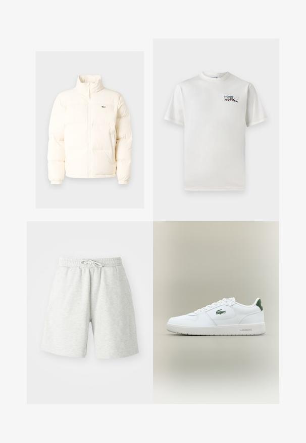 Valge pūusapüüri jope kõrge kaelusega, esiküljel lukuga, elastsete mansettidega ja väikese rohelise logoga vasakul rinnal.; Valge puuvillane T-särk ümmarguse kaelusega, lühikeste varrukatega ja väikese tikandiga logoga, millel on mäed ja tekst vasakul rinnal.; Heledad hallidega heledad puuvillasegust lühikesed püksid, millel on elastne vöökoht ja nööriga detail. Pehme tekstuur, kuni põlvede kõrguseni ulatuv disain.; Valge nahkne spordijalats sujuva viimistlusega, rohelised aktsendid kanna peal ja roheline logo küljel. Omab lamedat tallat ja ümmargust varvast.