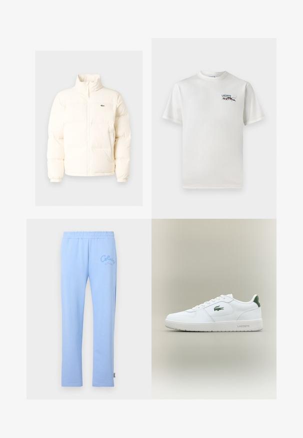 Witte pufferjack met een hoge kraag, voorzien van een ritssluiting aan de voorkant, elastische boorden en een klein groen logo op de linkerborst.; Witte katoenen T-shirt met een ronde hals, korte mouwen en een klein geborduurd logo met bergen en tekst op de linkerborst.; Lichtblauwe katoenen sweatpants met elastische tailleband. Bevat geborduurd 'Colucci' logo aan de linkerkant en heeft een rechte pijpdesign.; Witte leren sneaker met een gladde afwerking, groene accenten op de hak en een groen logo aan de zijkant. Beschikt over een platte zool en een ronde neus.