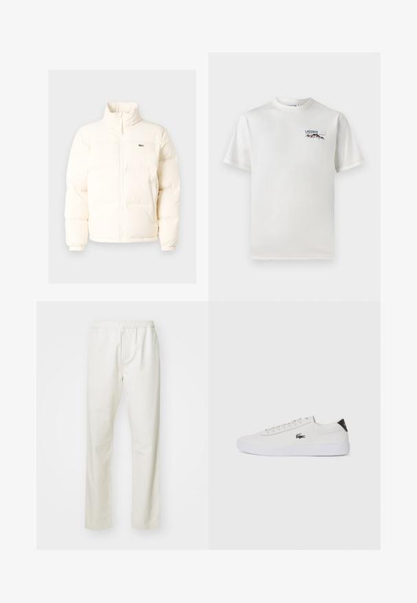 Doudoune blanche avec un col haut, dotée d'une fermeture éclair sur le devant, de poignets élastiques et d'un petit logo vert sur la poitrine gauche.; T-shirt en coton blanc avec un col rond, des manches courtes et un petit logo brodé représentant des montagnes et un texte sur le côté gauche de la poitrine.; Pantalons en coton blancs avec une taille élastique et une conception à jambe droite, présentant une texture lisse et sans motifs ni accents visibles.; Baskets en cuir blanc avec bout rond, devant à lacets et accent en cuir noir au talon. Présente un petit logo de crocodile brodé sur le côté.