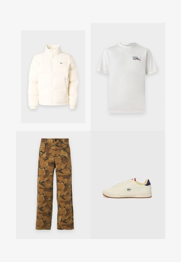 Weiße Daunenjacke mit hohem Kragen, ausgestattet mit einem Frontreißverschluss, elastischen Bündchen und einem kleinen grünen Logo auf der linken Brust.; Weißes Baumwoll-T-Shirt mit rundem Halsausschnitt, kurzen Ärmeln und kleinem gesticktem Logo mit Bergen und Text auf der linken Brust.; Cargohosen mit Camouflage-Muster in Brauntönen und Grüntönen, aus leichtem Stoff gefertigt, mit vier Taschen und einem Knopfverschluss.; Lacoste Sneaker aus cremefarbenem Leder mit strukturiertem Finish. Verfügt über eine Gummisohle, Schnürverschluss, navyfarbene Ferse und gesticktes Logo.