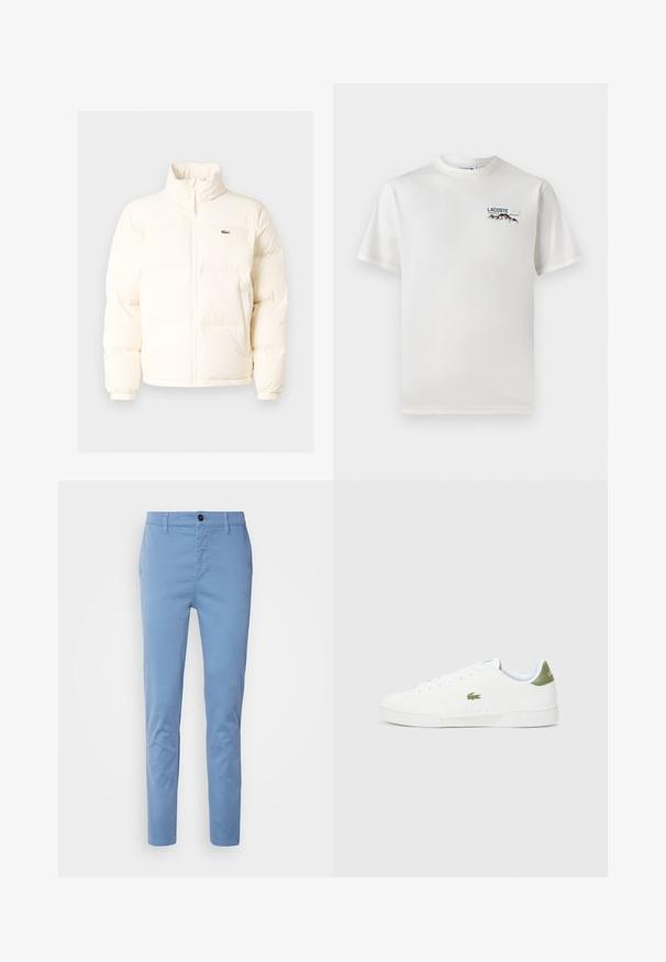 Balta pūkinė striukė su aukštu kaklu, turinti priekinį užtrauktuką, elastines rankogalius ir mažą žalią logotipą kairėje krūtinės pusėje.; Baltas medvilninis marškinėliai su apykakle, trumpomis rankovėmis ir mažas siuvinėtas logotipas, vaizduojantis kalnus ir tekstą ant kairiojo krūtinės.; BOSS CHINO - Chino stiliaus kelnės - light pastel blue; Baltos sportiniai bateliai su lygaus paviršiaus tekstūra, kuriuose yra žalias akcentas kulne ir mažas siuvinėtas krokodilo logotipas šone.