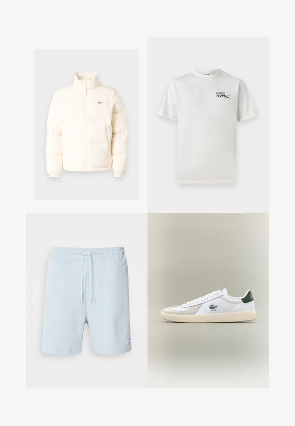 Giacca a vento bianca con collo alto, dotata di zip frontale, polsini elasticizzati e un piccolo logo verde sul petto a sinistra.; T-shirt bianco in cotone con scollatura rotonda, maniche corte e un piccolo logo ricamato che raffigura montagne e testo sul lato sinistro del petto.; Shorts a coste blu chiaro con vita elastica, dettagli con cordino e un piccolo etichetta sul lato sinistro. Materiale in cotone morbido.; Sneaker bianca con accenti verdi, materiali in suede e pelle, punta arrotondata, suola testurizzata e logo ricamato sui lati e sulla linguetta.