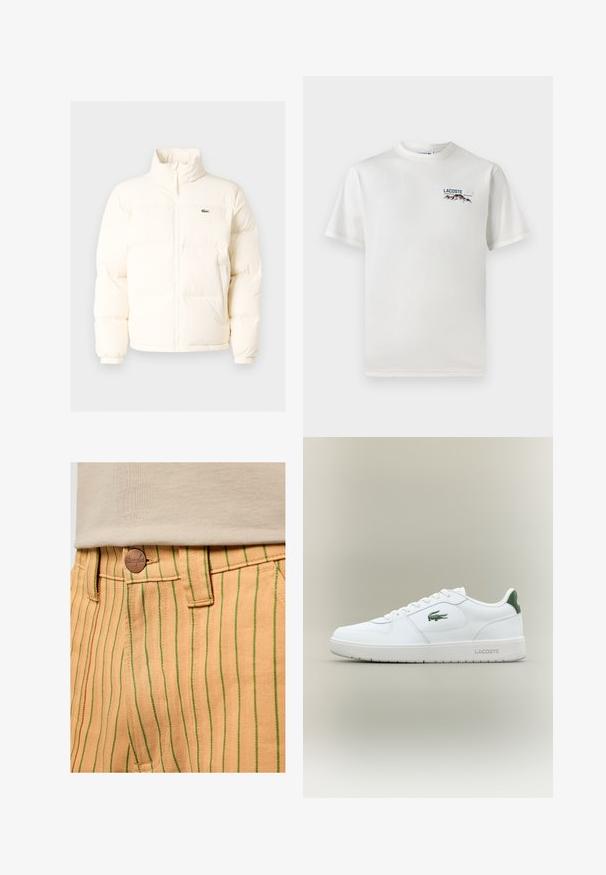 Valkoinen puhallettava takki, jossa on korkea kaulus, etuvetoketju, joustavat hihansuut ja pieni vihreä logo vasemmassa rinnassa.; Valkoinen puuvillainen T-paita, jossa on pyöreä pääntie, lyhyet hihat ja pieni brodeerattu logo, jossa on vuoria ja teksti vasemmalla rintapielessä.; Vaaleanruskeat raidalliset housut, joissa on pystysuorat vihreät viivat, vyötäröllä ruskea nappi, tarkkaa ommelta ja kalanruotokuvio.; Valkoinen nahkakenkä sileällä pinnalla, vihreät yksityiskohdat kantapäässä ja vihreä logo sivussa. Varustettu tasaisella pohjalla ja pyöreällä kärjellä.