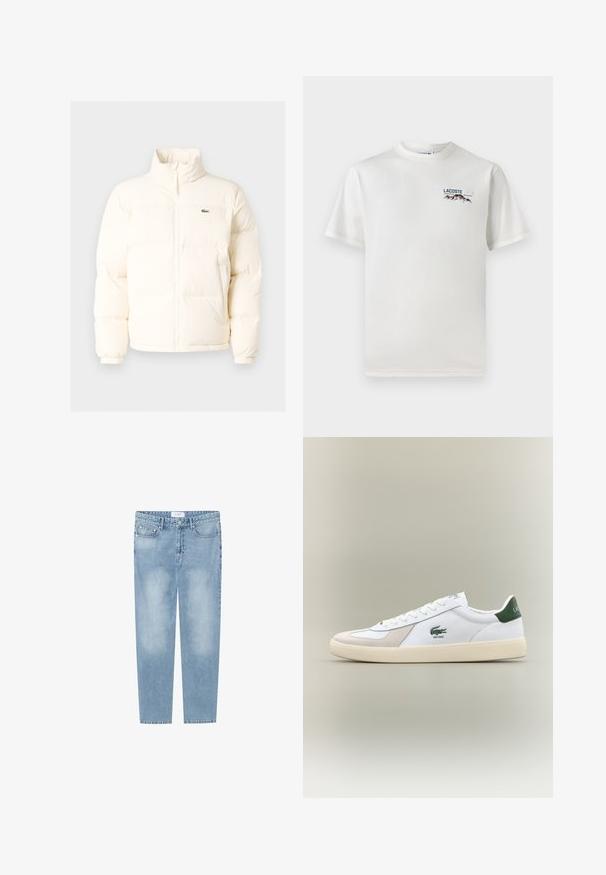 Casaco de puffer branco com colarinho alto, apresentando um fecho frontal com zíper, punhos elásticos e um pequeno logótipo verde no lado esquerdo do peito.; T-shirt de algodão branco com decote redondo, mangas curtas e um pequeno logótipo bordado apresentando montanhas e texto no lado esquerdo do peito.; Jeans retos de cor azul claro feitos de denim. Apresenta um design de cinco bolsos, áreas desbotadas e uma etiqueta na cintura. Sem adornos.; Sapatilha branca com pormenores verdes, materiais em camurça e pele, bico arredondado, sola texturizada e logótipo bordado na lateral e na língua.