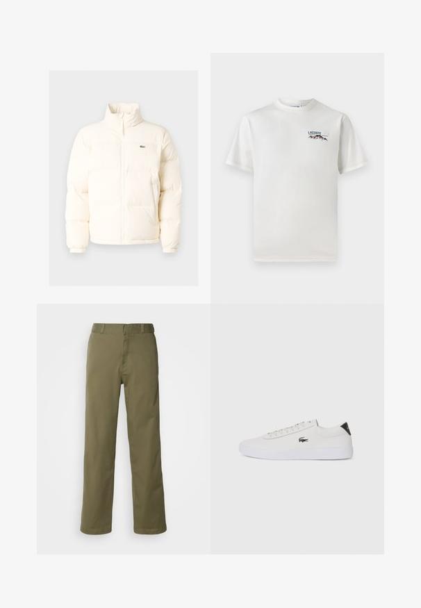 Balts pūkains jaka ar augstu apkakli, priekšā ar rāvējslēdzēju, elastīgām piedurknēm un mazu zaļu logo kreisajā krūtī.; Balts kokvilnas T-krekls ar apaļu kakla izgriezumu, īsām piedurknēm un mazu izšūtu logo ar kalniem un tekstu kreisajā krūtīs.; Kaki bikses, izgatavotas no gludas kokvilnas auduma, ar taisniem galiem, pogu un rāvējslēdzēja aizdari, kā arī jostas cilpām jostasvietā.; Baltas ādas sporta apavu modelis ar noapaļotu purngalu, sasienamu priekšpusi un melnu papēža akcentu. Satur nelielu izšūtu krokodila logo sānos.