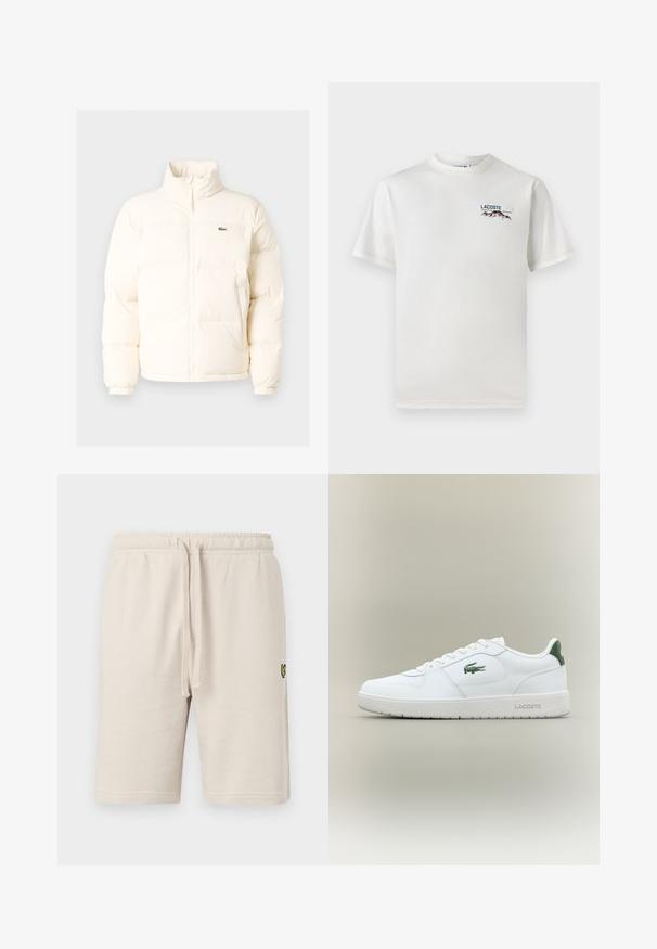 Jachetă pufoasă albă cu guler înalt, cu fermoar în față, manșete elastice și un mic logo verde pe pieptul stâng.; Tricou alb din bumbac, cu guler rotund, mâneci scurte și un mic logo brodat care înfățișează munți și text pe partea stângă a pieptului.; Şorturi din bumbac bej cu talie elastică și șnur. Prezintă un logo mic negru pe coapsa stângă. Textură netedă, până la genunchi.; Tenisuli din piele albă cu un finisaj neted, accesorii verzi pe tocul încălțămintei și un logo verde pe lateral. Dispune de o talpă plată și vârf rotund.