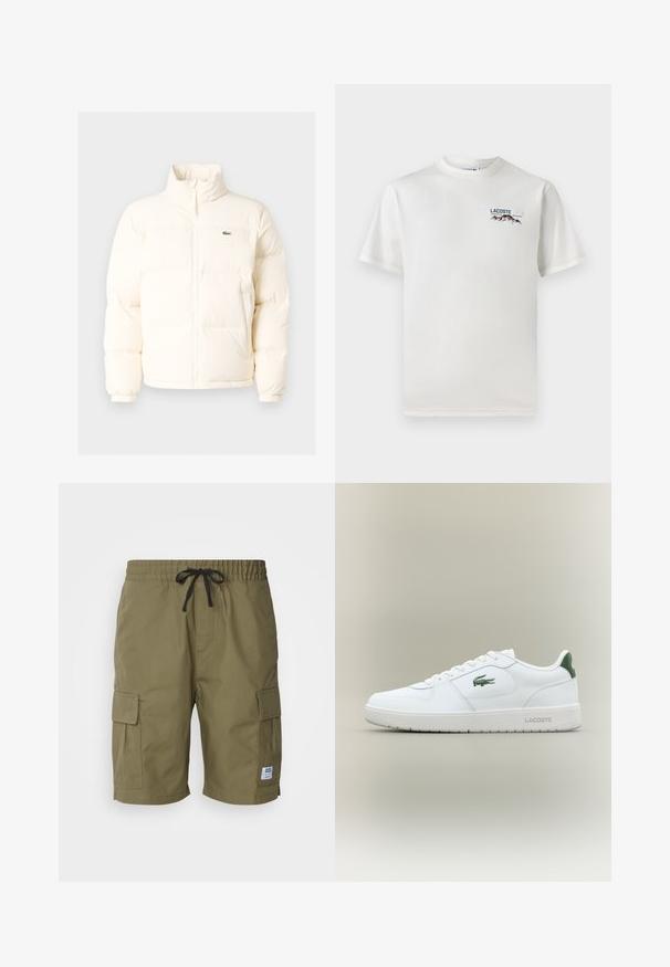 Giacca a vento bianca con collo alto, dotata di zip frontale, polsini elasticizzati e un piccolo logo verde sul petto a sinistra.; T-shirt bianco in cotone con scollatura rotonda, maniche corte e un piccolo logo ricamato che raffigura montagne e testo sul lato sinistro del petto.; Pantaloni cargo verde oliva realizzati in tessuto leggero, dotati di una cintura elastica con lacci e tasche cargo laterali.; Sneaker bianco in pelle con una finitura liscia, dettagli verdi sul tallone e un logo verde sul lato. Presenta una suola piatta e una punta rotonda.