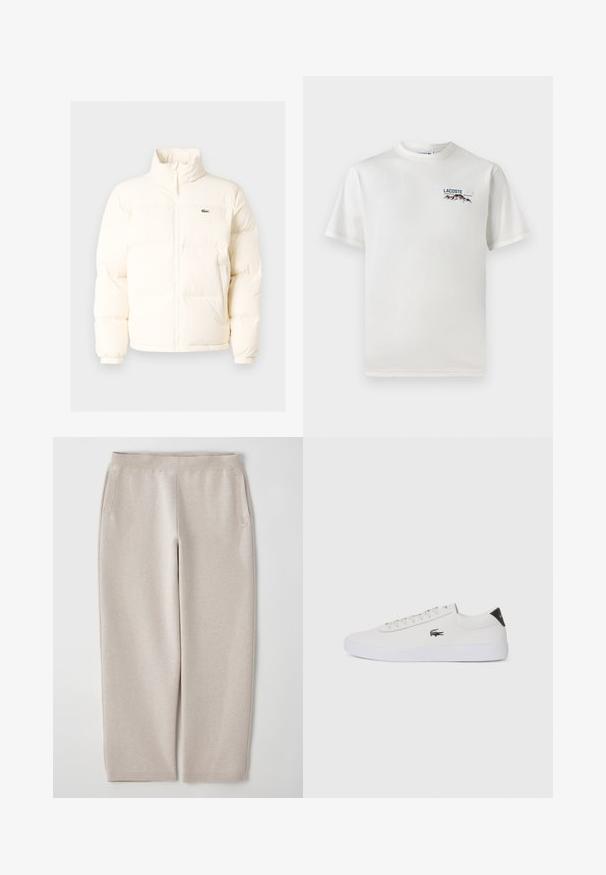 Bílá nafouknutá bunda s vysokým límcem, předním zipem, elastickými manžetami a malým zeleným logem na levé straně hrudi.; Bílá bavlněná tričko s kulatým výstřihem, krátkými rukávy a malým vyšitým logem zobrazujícím hory a text na levé straně hrudi.; Béžové tepláky z měkké tkaniny, s širokým pasem, bočními kapsami a zúženými nohavicemi pro uvolněný střih.; Bílé kožené tenisky s kulatou špičkou, šněrováním vpředu a černým akcentem na patě. Na boku se nachází malé vyšívané logo krokodýla.