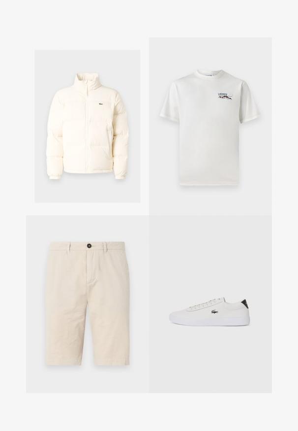 Fehér pufferezett dzseki magas gallérral, elülső zipzárral, rugalmas mandzsettákkal és egy kis zöld logóval a bal mellen.; Fehér pamut póló kerek nyakkivágással, rövid ujjal és egy kis gépi hímzésű logóval, amely hegyeket és szöveget ábrázol a bal mellen.; Beige színű, pamut rövidnadrág, normál szabással, gombos záródással, elülső zsebekkel és felhajtott szegélyekkel. Sima textúra, minimális gyűrődéssel.; Fehér bőr sportcipő kerek orral, fűzős elülső résszel és fekete sarok akcentussal. Oldalán egy kis hímzett krokodil logóval rendelkezik.