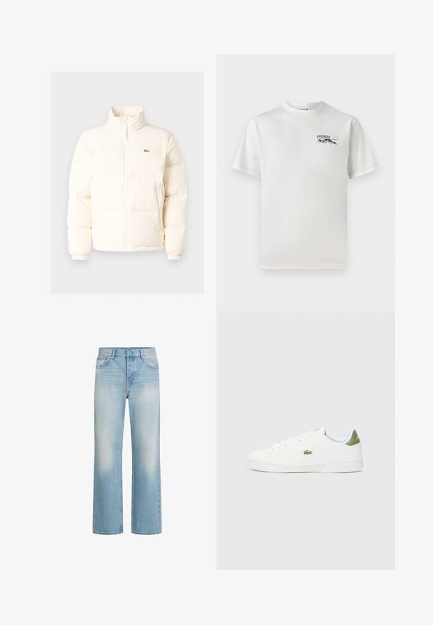 Casaco de puffer branco com colarinho alto, apresentando um fecho frontal com zíper, punhos elásticos e um pequeno logótipo verde no lado esquerdo do peito.; T-shirt de algodão branco com decote redondo, mangas curtas e um pequeno logótipo bordado apresentando montanhas e texto no lado esquerdo do peito.; Jeans de denim azul claro com um design de perna reto, detalhes de desbotamento, estilo de cinco bolsos, fecho de botão e passantes para cinto na cintura.; Tênis brancos com uma textura suave, apresentando um detalhe verde no calcanhar e um pequeno logotipo de crocodilo bordado na lateral.