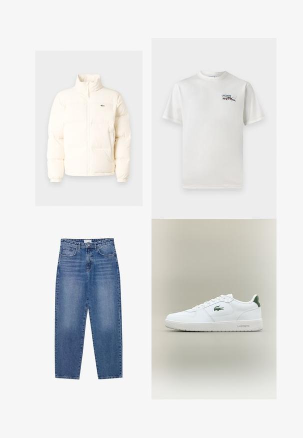 White puffer jacket with a high collar, featuring a front zipper, elastic cuffs, and a small green logo on the left chest.; White cotton T-shirt with a round neckline, short sleeves, and a small embroidered logo featuring mountains and text on the left chest.; Blue denim jeans with a high waist, straight leg design, and faded finish. Features five pockets and a button closure.; White leather sneaker with a smooth finish, green accents on the heel, and a green logo on the side. Features a flat sole and round toe.