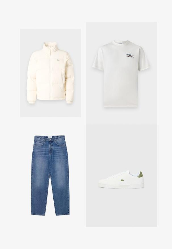 Casaco de puffer branco com colarinho alto, apresentando um fecho frontal com zíper, punhos elásticos e um pequeno logótipo verde no lado esquerdo do peito.; T-shirt de algodão branco com decote redondo, mangas curtas e um pequeno logótipo bordado apresentando montanhas e texto no lado esquerdo do peito.; Jeans de ganga azuis com cintura alta, design de perna reta e acabamento desbotado. Apresenta cinco bolsos e fecho de botão.; Tênis brancos com uma textura suave, apresentando um detalhe verde no calcanhar e um pequeno logotipo de crocodilo bordado na lateral.