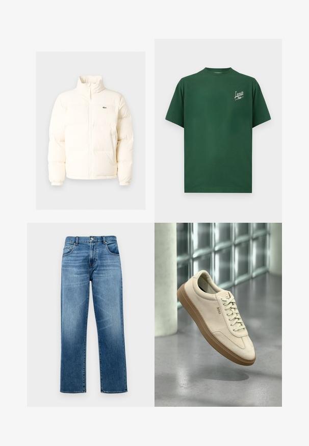 Balta pūkinė striukė su aukštu kaklu, turinti priekinį užtrauktuką, elastines rankogalius ir mažą žalią logotipą kairėje krūtinės pusėje.; Žalias medvilninis marškinėliai su apykakle, trumpomis rankovėmis ir baltu "Lacoste Paris" tekstiniu logotipu kairėje krūtinės pusėje.; Mėlynos džinsinės kelnės su tiesiomis kojomis, penkių kišenių dizainu ir mygtukų užsegimu. Audinyje matoma šviesi dėvėjimo ženklai ir subtili tekstūra.; Šviesios smėlio spalvos zomšiniai sportbačiai su gumine pado dalimi, išryškintomis raištelėmis ir subtiliais siuvimo elementais. Švarus dizainas su minimalistine estetika.