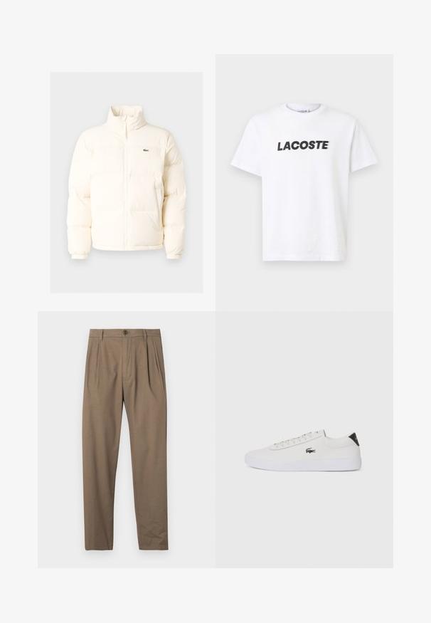 White puffer jacket with a high collar, featuring a front zipper, elastic cuffs, and a small green logo on the left chest.; White cotton t-shirt featuring a prominent black "LACOSTE" logo across the chest. Short sleeves and a crew neck design.; Brown pleated trousers made of soft fabric, featuring a front zipper and button closure, with a straight leg design and smooth texture.; White leather sneaker with round toe, lace-up front, and black heel accent. Features a small embroidered crocodile logo on the side.