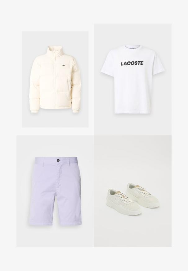 White puffer jacket with a high collar, featuring a front zipper, elastic cuffs, and a small green logo on the left chest.; White cotton t-shirt featuring a prominent black "LACOSTE" logo across the chest. Short sleeves and a crew neck design.; Light lavender shorts in cotton blend, featuring a flat front, button closure, two side pockets, and straight hem.; Pair of off-white low-top sneakers with beige accents, thick soles, and white laces on a plain white background.