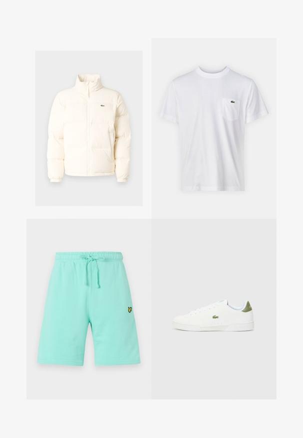 Valkoinen puhallettava takki, jossa on korkea kaulus, etuvetoketju, joustavat hihansuut ja pieni vihreä logo vasemmassa rinnassa.; Valkoinen puuvillainen t-paita, jossa on pyöreä kaula-aukko ja lyhyet hihat. Sisältää vasemman rinnuksen taskun ja pienen vihreän Lacoste-logon.; Vaalean mintunvihreät puuvillahousut, joissa on joustava vyötärö ja säädettävä nyöri. Edessä on pieni musta ja keltainen logo.; Valkoiset tennarit, joissa on sileä pinta, vihreä yksityiskohta kantapäässä ja pieni brodeerattu krokotiililogo sivussa.