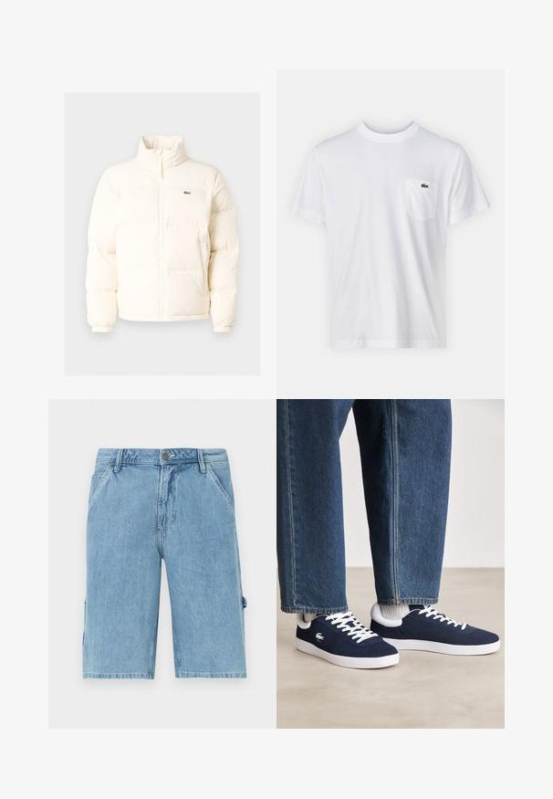 Valkoinen puhallettava takki, jossa on korkea kaulus, etuvetoketju, joustavat hihansuut ja pieni vihreä logo vasemmassa rinnassa.; Valkoinen puuvillainen t-paita, jossa on pyöreä kaula-aukko ja lyhyet hihat. Sisältää vasemman rinnuksen taskun ja pienen vihreän Lacoste-logon.; Vaaleansinisiä farkkushortseja, joissa on suora leikkaus. Mallissa on etupussit ja sivutasku, sekä haalistunut pinta ja vyölenkit vyötäröllä.; Siniset kangaskengät valkoisilla nauhoilla ja kumipohjilla, esillä farkkuhousujen ja harmaiden ribattujen sukkien kanssa, vaaleanharmaalla pinnalla.