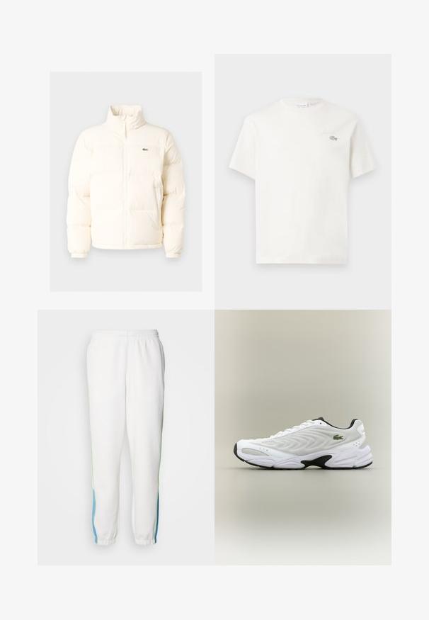 Bílá nafouknutá bunda s vysokým límcem, předním zipem, elastickými manžetami a malým zeleným logem na levé straně hrudi.; Bílá bavlněná tričko s krátkými rukávy, s jemně vyšitým logem a minimalistickým designem. Měkká textura, kulatý výstřih.; Bílé teplákové kalhoty s elastickým pasem, se zelenými a modrými bočními pruhy. Měkká látka s tapered (zkoseným) designem na kotnících.; Bílé sportovní boty s texturovaným síťovinovým svrškem, zakřiveným designem a kontrastní černou podešví. Na boku je umístěno zelené vyšívané logo.