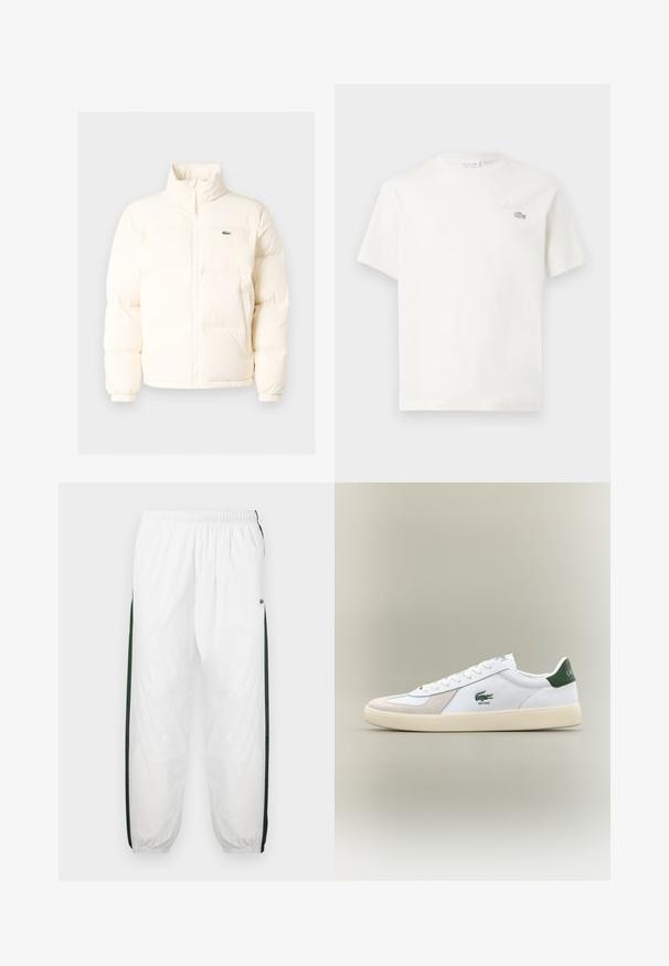 White puffer jacket with a high collar, featuring a front zipper, elastic cuffs, and a small green logo on the left chest.; White cotton t-shirt with short sleeves, featuring a subtle embroidered logo and minimalistic design. Soft texture, crew neckline.; White track pants with dark green side panels. Lightweight material, elastic waistband, and cuffed hems. Features mesh texture on side panels.; White sneaker with green accents, suede and leather materials, rounded toe, textured outsole, and embroidered logo on side and tongue.