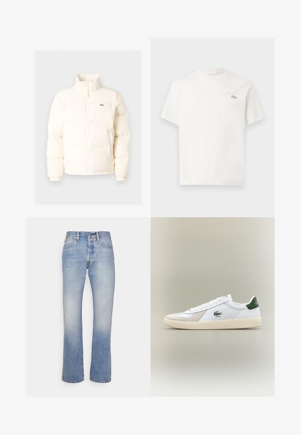 Valge pūusapüüri jope kõrge kaelusega, esiküljel lukuga, elastsete mansettidega ja väikese rohelise logoga vasakul rinnal.; Valge puuvillane T-särk lühikeste varrukatega, millel on diskreetne brodeeritud logo ja minimalistlik disain. Pehme tekstuur, ümar kaelusekujundus.; Heledad sinine teksapüksid otse lõikega, viie taskuga, metallist detailide ja kerge kulumisega. Äär on veidi hõõrutud.; Valged sneaks roheliste aktsentidega, nahast ja sametmaterjalidest, ümmarguse varbaga, tekstuuriga välistallaga ning tikandiga logo külje ja keele peal.