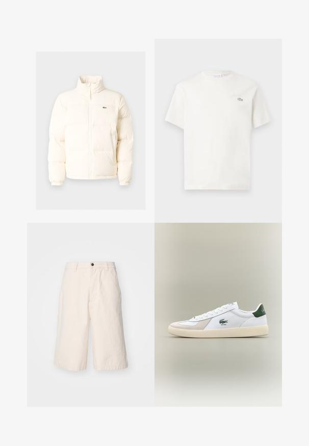 Witte pufferjack met een hoge kraag, voorzien van een ritssluiting aan de voorkant, elastische boorden en een klein groen logo op de linkerborst.; Witte katoenen t-shirt met korte mouwen, voorzien van een subtiel geborduurd logo en een minimalistisch ontwerp. Zachte textuur, ronde hals.; Lichtbeige katoenen shorts met een rechte pasvorm, voorzien van een knoopsluiting, zijzakken en een zoom die net boven de knie valt.; Witte sneaker met groene accenten, gemaakt van suede en leer, met een ronde neus, een textuur outsole en een geborduurd logo op de zijkant en op de tong.